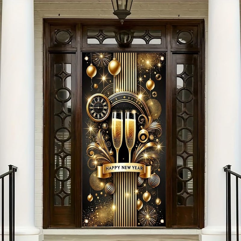 TOMHONG Happy New Year Champagne Toast Door Cover Decoration 71x35 Inch Gold Black SparkleTheme Party Banner for New Years Eve Wall Decor Festive NYE Holiday Supplies Photo Prop - Image 1